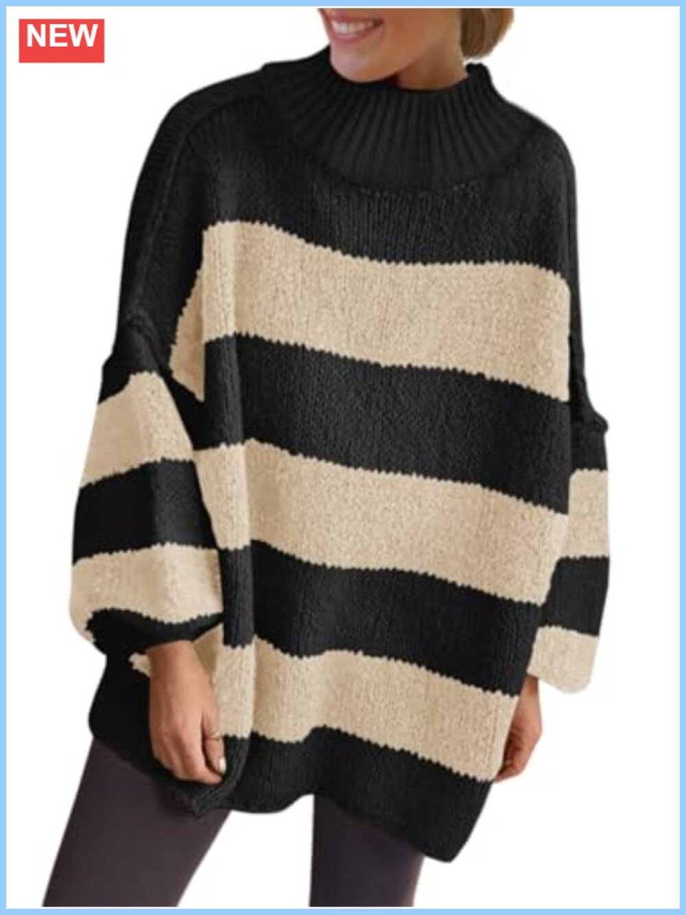 Oversized Striped Chunky Knit Sweater Mock Neck Long Lantern Sleeve